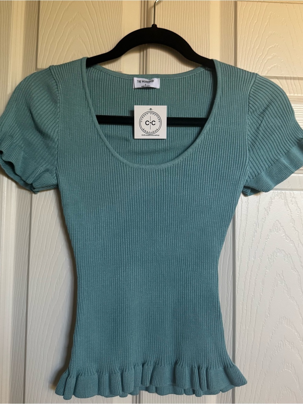 NWT The Workshop Sea-foam Scoop Neck Ribbed Top with Ruffle Hem, Various Sizes